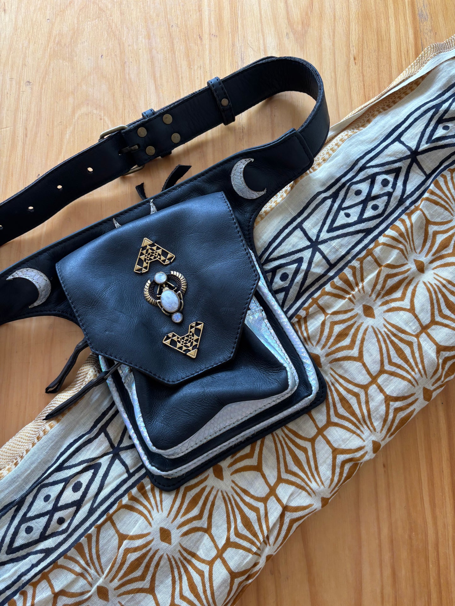 Kamala Leather Pocket Belt - Moonstone Scarab and Sri Yantra detail