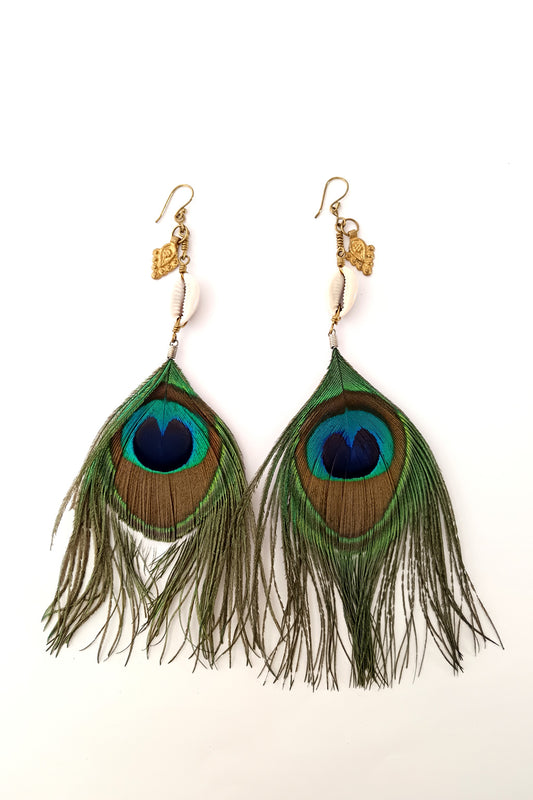 Peacock Feather and Cowry Shell Earrings