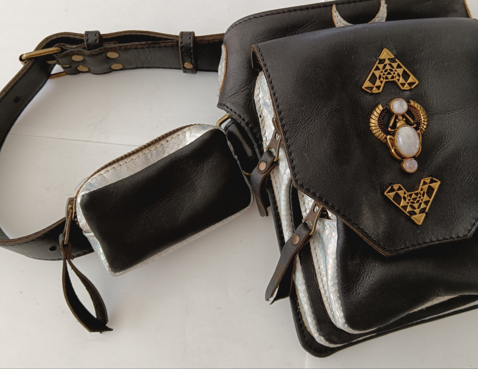 Kamala Leather Pocket Belt - Moonstone Scarab and Sri Yantra detail