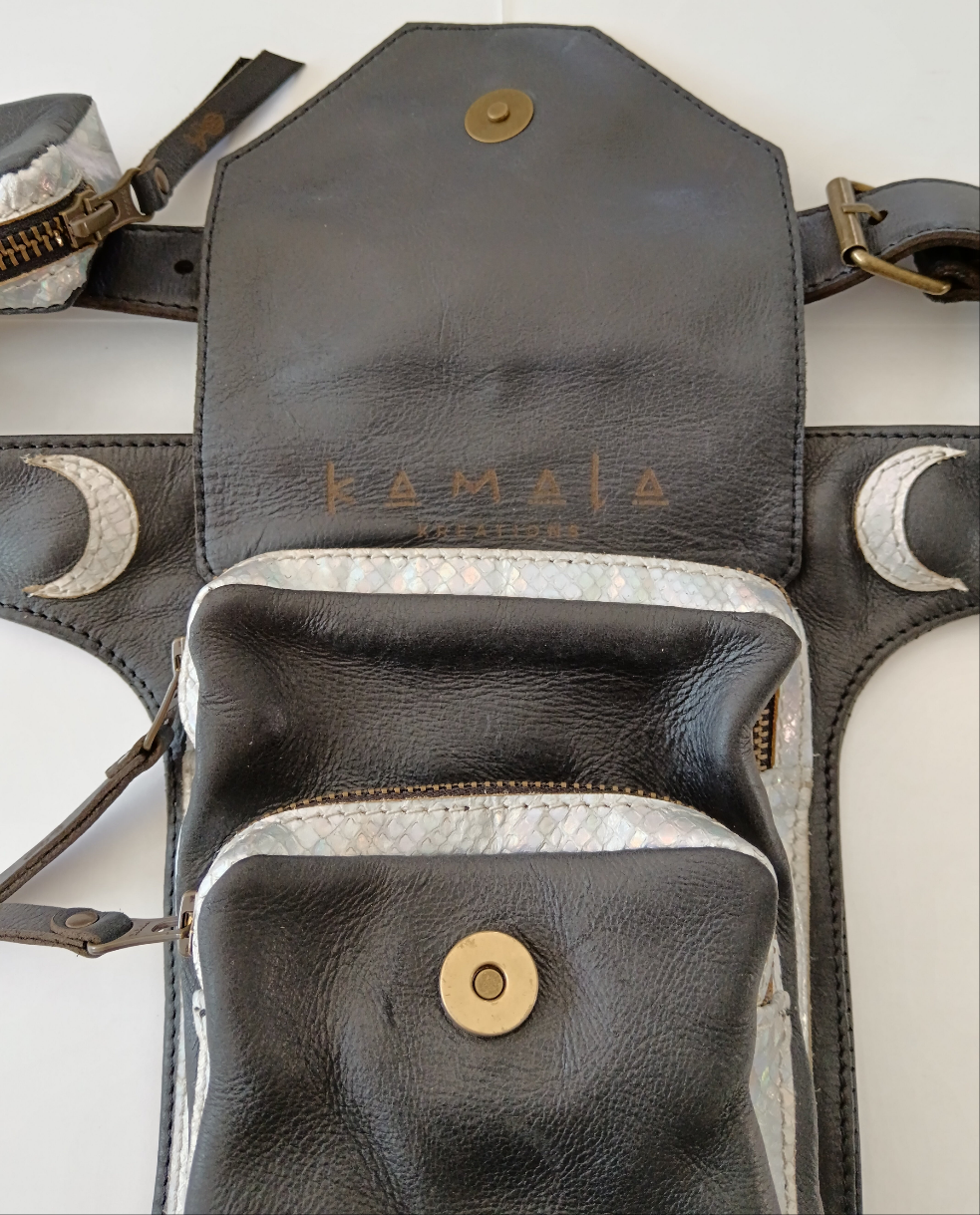 Kamala Leather Pocket Belt - Moonstone with brass snake detail