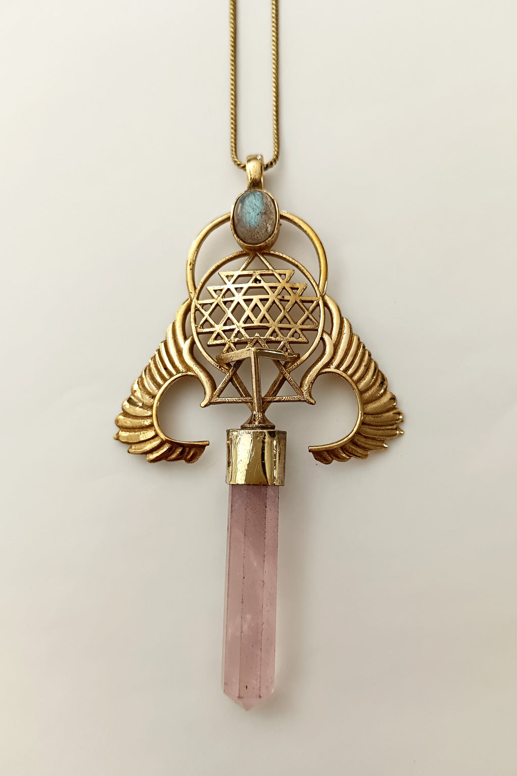 Winged Sri Yantra Necklace - Rose Quartz