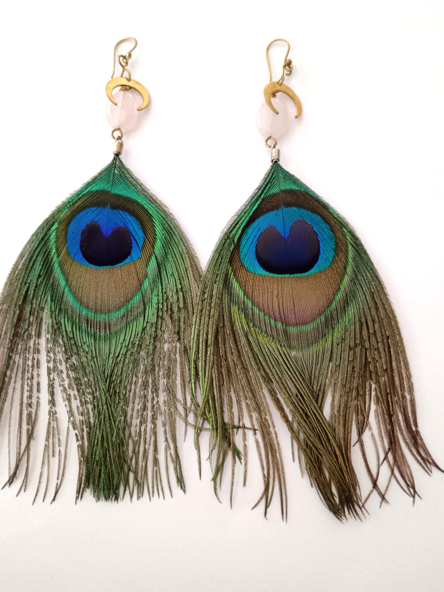 Peacock Feather earrings with Rose Quartz