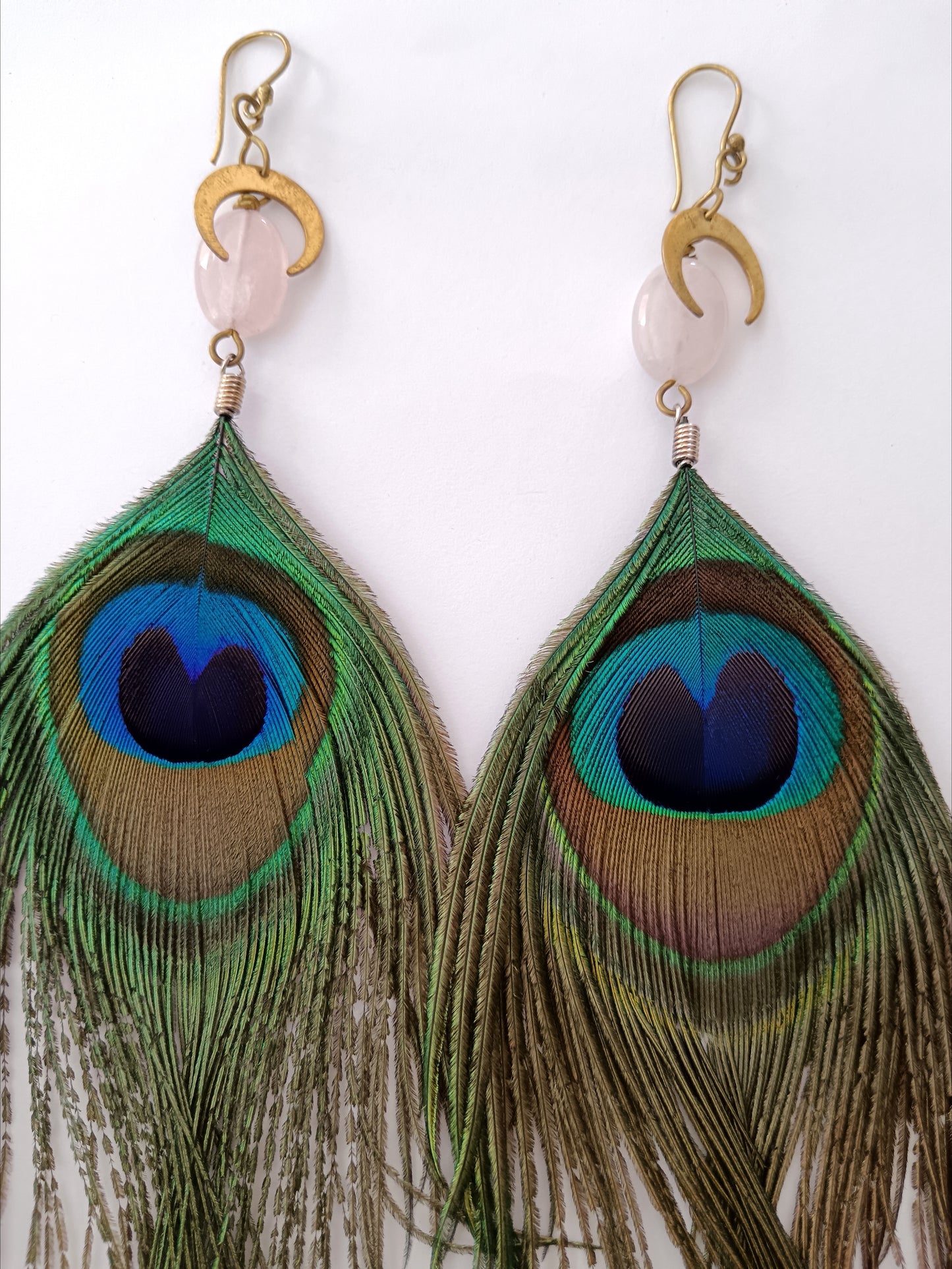Peacock Feather earrings with Rose Quartz