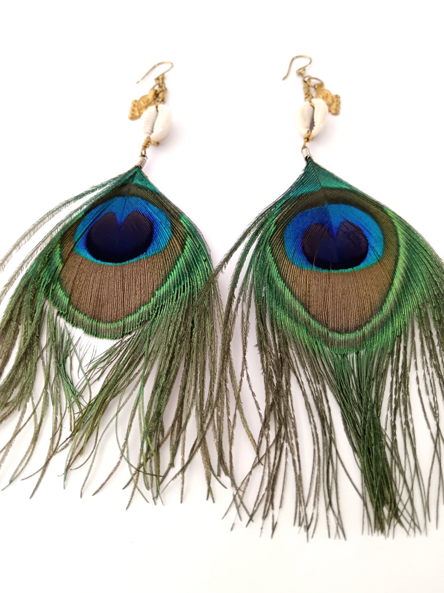 Peacock Feather and Cowry Shell Earrings