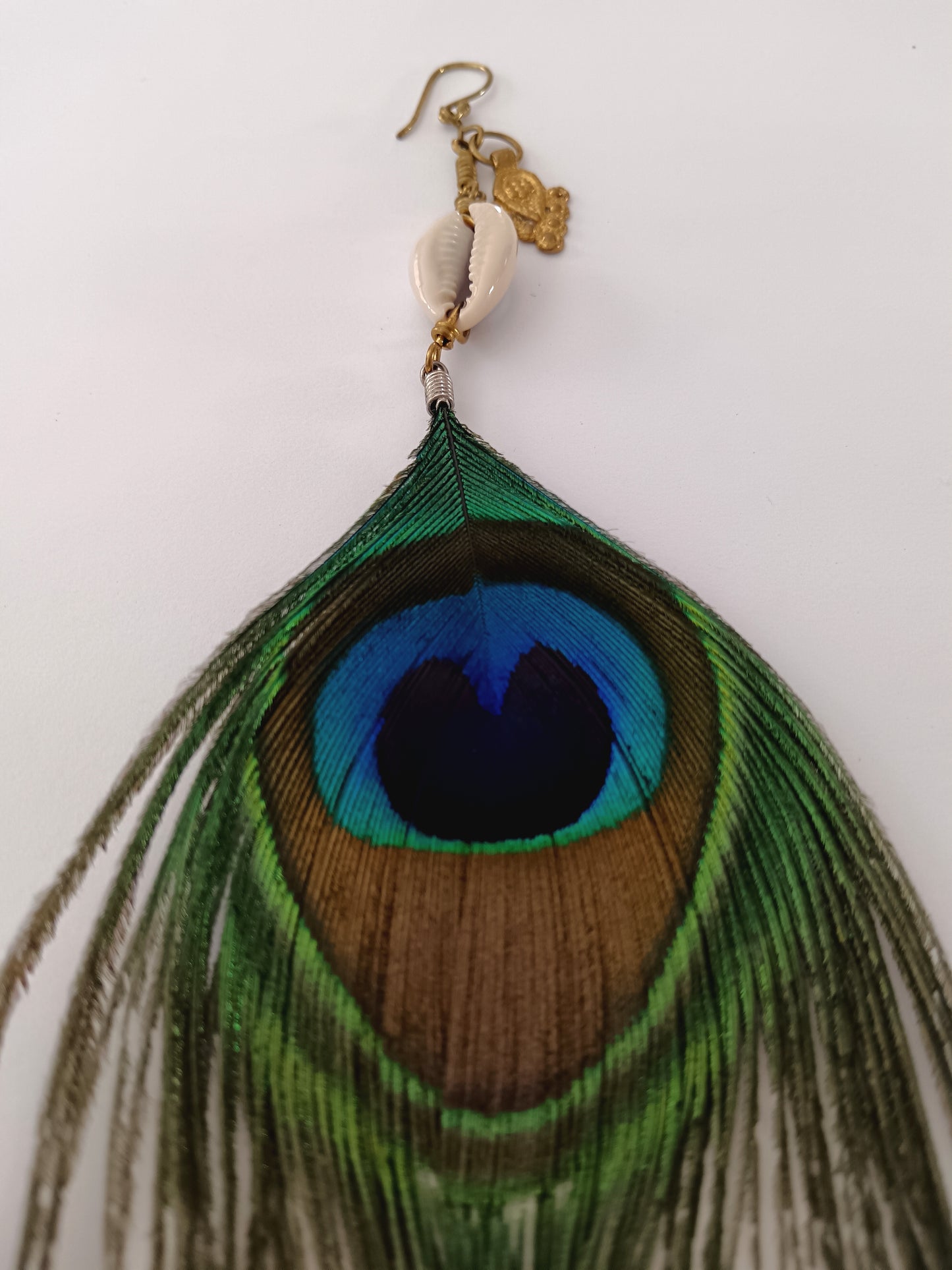 Peacock Feather and Cowry Shell Earrings