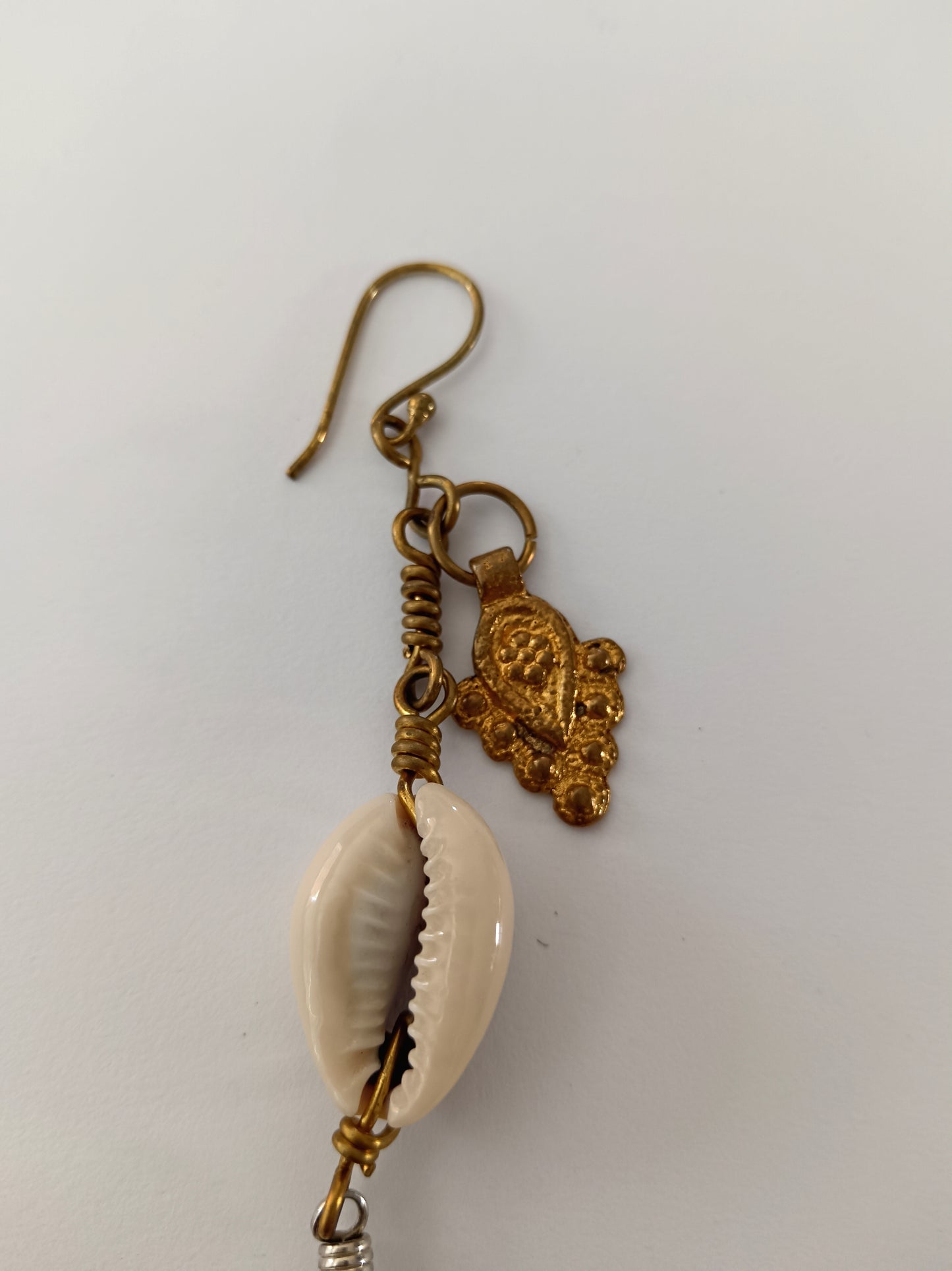 Peacock Feather and Cowry Shell Earrings