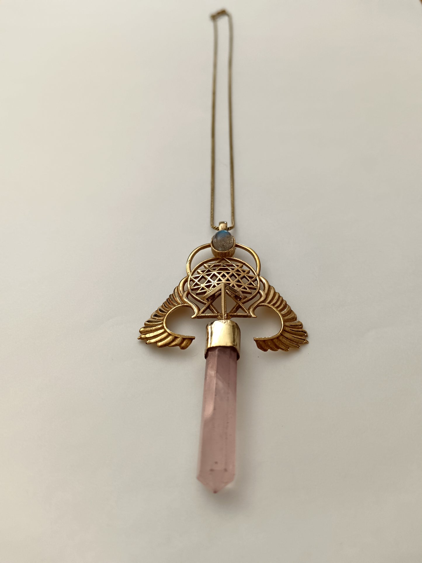 Winged Sri Yantra Necklace - Rose Quartz