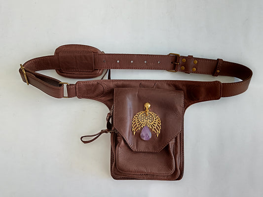 Kamala Leather Pocket Belt - Bird skull with Amethyst