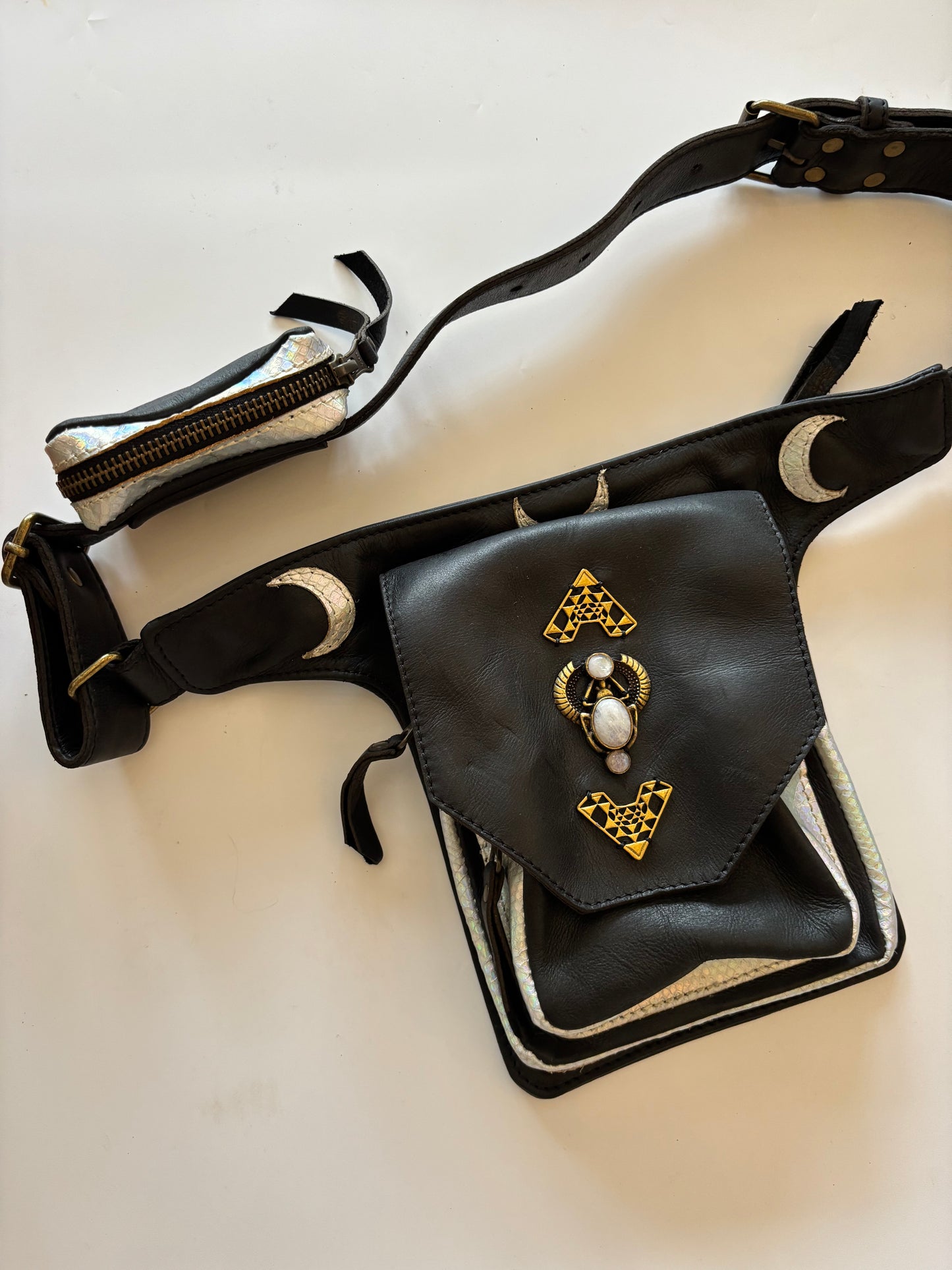 Kamala Leather Pocket Belt - Moonstone Scarab and Sri Yantra detail